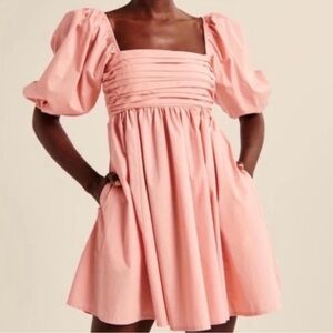 Abercrombie & Fitch Pink Smocked Mini Dress with Puff Sleeves and Pockets